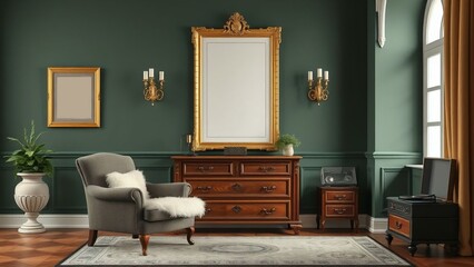 Elegant Classic Living Room with Green Walls and Wooden Furniture