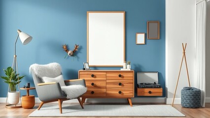 Fototapeta premium Modern Minimalist Living Room with Stylish Blue Walls and Elegant White Furniture