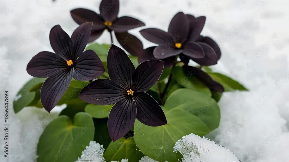 Poster a small black flower is surrounded by snow. the flower is surrounded by snow and is the only thing v