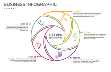 Visual data presentation. Cycle diagram with 5 options. Pie Chart Circle thin line infographic template with 5 steps, options, parts, segments. Business concept. Marketing infographic outline style.