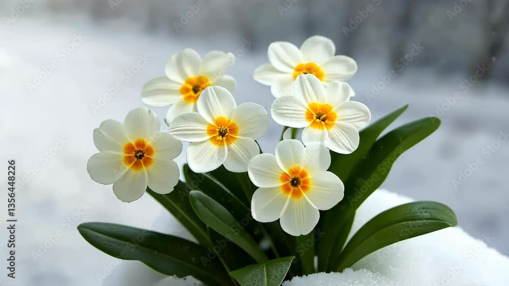 Poster a bouquet of white flowers with yellow centers sits in a snow-covered vase. the flowers are arranged