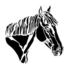 Abstract beautiful horse head silhouette. Horse portrait black and white. Vector illustration, isolated on white background. Template for embroidery, logo, design, tattoo, stencil and laser cutting