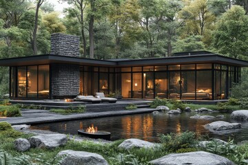 Obraz premium Modern Forest Retreat Luxurious Cabin Getaway.