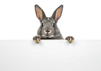 Obraz premium A curious grey bunny rabbit peeks over a blank white sign, paws resting on the cardboard.