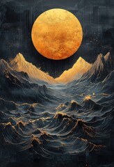 Gold Sun Over Dark Waves with Mountains, Abstract Texture, Textured Surface