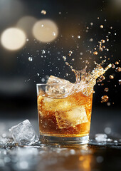Refreshing beverage with ice, creating a splash, set against a dark background with bokeh lights, capturing a dynamic moment.