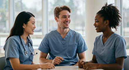 Three young diverse healthcare professionals have a conversation in a clinic hallway