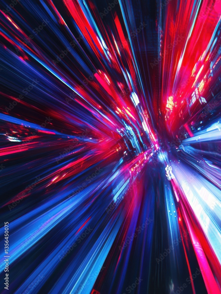 Poster dynamic abstract digital design featuring vibrant blue and red neon light trails creating sense of m