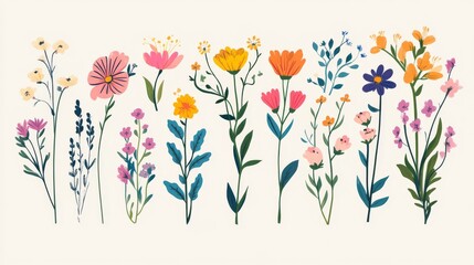 Set of different beautiful bouquets with garden and wild flowers vector flat illustration. Collection of various blooming plants with stems and leaves isolated on white. Floral decoration or gift