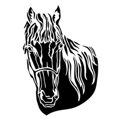 Abstract beautiful horse head silhouette. Horse portrait black and white. Vector illustration, isolated on white background. Template for embroidery, logo, design, tattoo, stencil and laser cutting