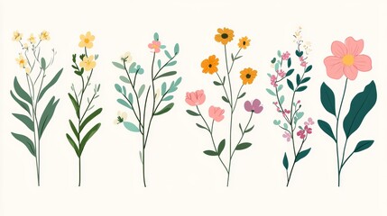 Set of different beautiful bouquets with garden and wild flowers vector flat illustration. Collection of various blooming plants with stems and leaves isolated on white. Floral decoration or gift