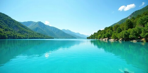 Vibrant turquoise waters of a serene lake reflecting the clear blue sky,  nature,  vibrant