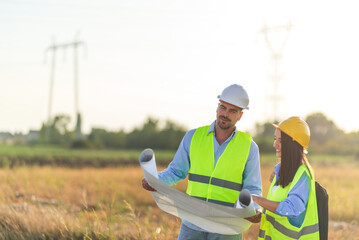 Engineers discussing plans at wind farm construction site