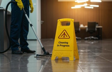 Janitor cleaning office space with caution sign in background