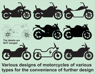 Obraz premium Various designs of motorcycles of various types for the convenience of further design