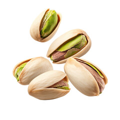 Pistachios on a transparent background. Close up of pistachios with shells open, revealing the green nut inside. Concept of healthy eating and snack.