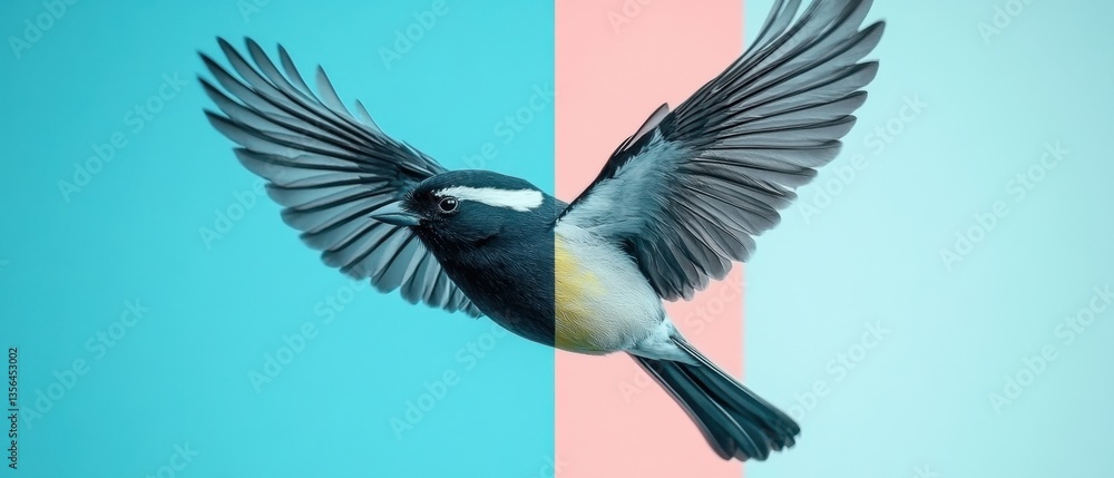 Poster bird in flight with wings spread against a pastel color block background creating a dynamic and vibr