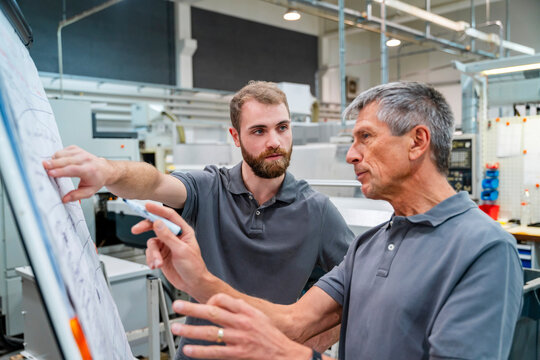 Two men discussing plans in a production hall