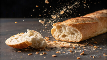 A baguette being torn, with crumbs flying.