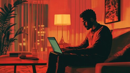 Man Working on Laptop at Night  Red City Lights