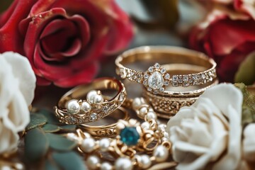 Elegant wedding rings and jewelry resting among roses and delicate flowers