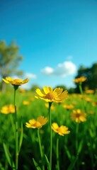 Fototapeta premium Vibrant yellow coreopsis flowers blooming in a lush green field under a clear blue sky, floral, blossom