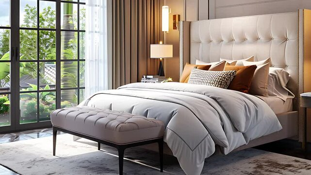 A stylish bedroom with a bed, nightstands, and a large window  4k video
