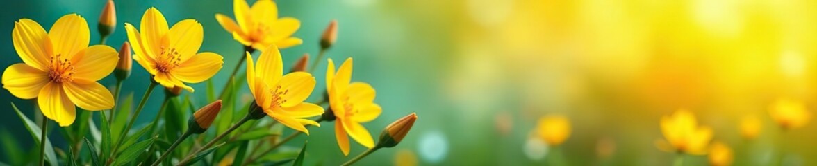 Fototapeta premium Vibrant yellow flowers in full bloom on a creative banner with copyspace, colorful, copyspace