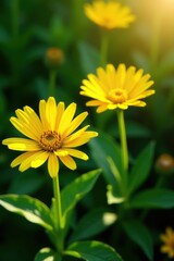 Obraz premium Vibrant yellow Gazania rigens flowers blooming in sunlight on green foliage background, spring, flowering plant