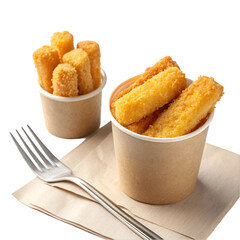 Deep fried fish, cheese or chicken sticks in take away paper bucket isolated