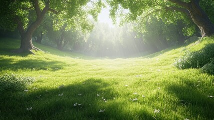 Obraz premium Sunlit Green Meadow Lush Forest Butterflies Spring Nature