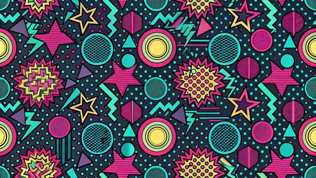 A vibrant and energetic retro pattern featuring geometric shapes, stars, polka dots, and a playful color palette.
