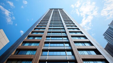 Fototapeta premium Dynamic skyscraper view of modern office buildings in urban landscape bright daylight perspective