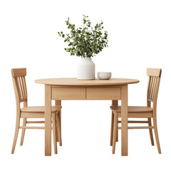 Round wooden dining table with two chairs, a vase with greenery, and a bowl. Interior design concept.