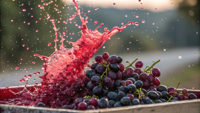 A bunch of grapes being crushed, with juice spraying out.