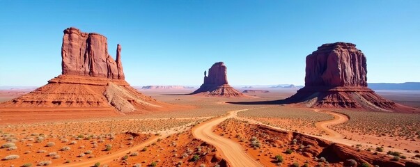 View of the iconic Mittens rock formations in Monument Valley under a clear blue sky,  desert,  tourism