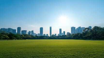 Fototapeta premium Urban park oasis amidst modern office buildings cityscape panoramic view vibrant environment