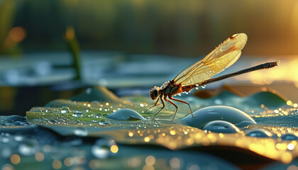 Naklejka premium Hyper realistic dragonfly on water surface with dewdrops in cinematic 4k high fidelity lighting
