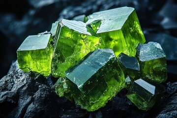 Captivating close up of vibrant green peridot crystals on dark rock formation showcasing mineral beauty and geological wonder with a macro lens