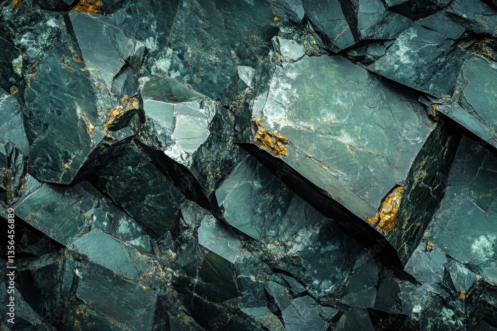 Poster captivating dark green schist rock formation with golden inclusions creating a textured geological p