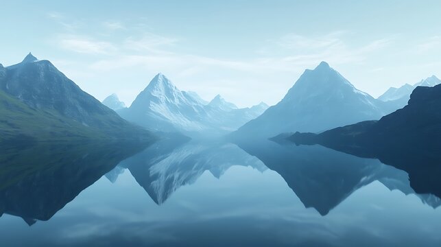 Snow-capped mountain peaks and a blue alpine lake create a cold winter landscape panorama under a cloudy sky