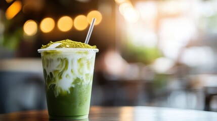 A refreshing green matcha latte with a clear plastic cup