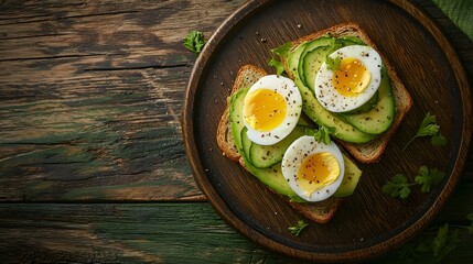 Delicious avocado toast topped with halves of boiled eggs and cucumber slices.