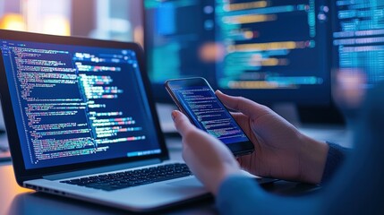 A person using a smartphone while coding on a laptop, surrounded by screens displaying programming data, showcasing a tech-savvy environment , Identity Theft Prevention.