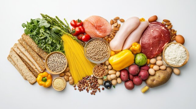 Set of healthy macronutrients. Fiber or cellulose, proteins, fats and carbs or carbohydrates presented by food products. Flat vector illustration of nutrition categories isolated on white background