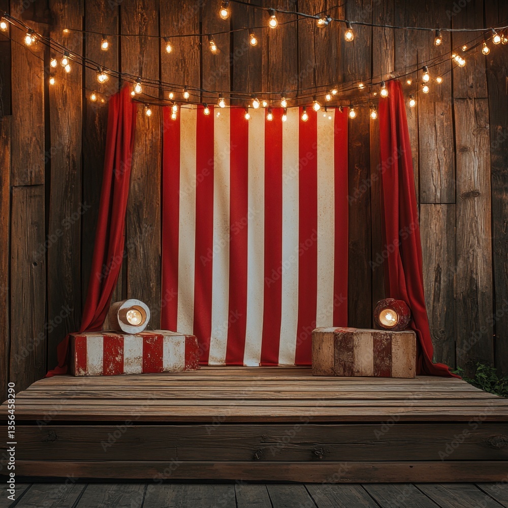 Poster rustic circus stage backdrop with red and white striped curtain and string lights for festive event 