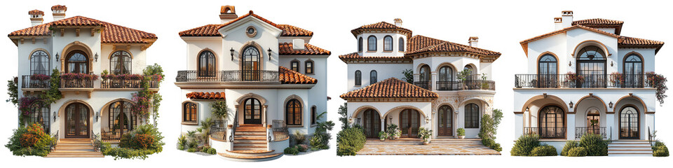 Obraz premium four stunning elegant mediterranean houses with intricate architecture on transparent background