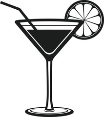 Cocktail Glass Silhouette Vector – Elegant Beverage Icon with Straw and Citrus Slice for Bar, Party, and Summer Designs