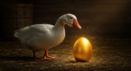 Goose Gazing at Shimmering Golden Egg Symbolizing Wealth and Opportunity © Ipank