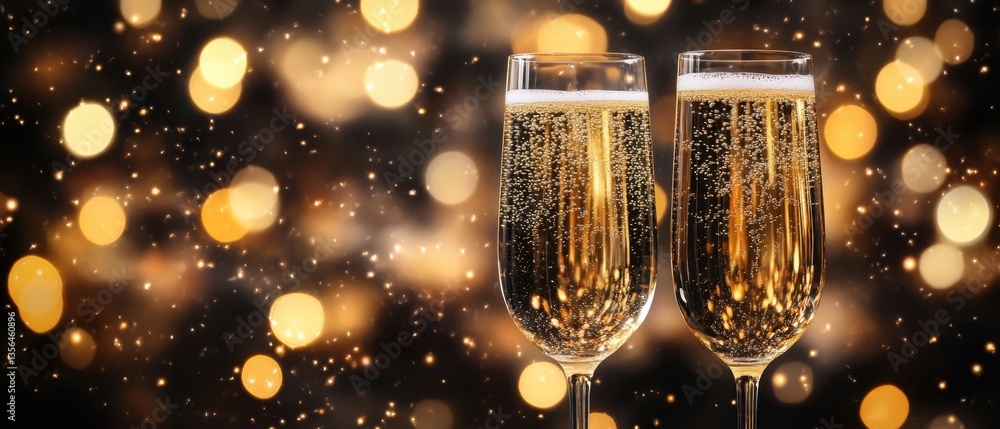 Poster sparkling champagne flutes on a festive dark background with bokeh lights creating a celebratory moo
